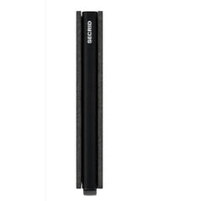 Load image into Gallery viewer, Side view of the black slim wallet. 
