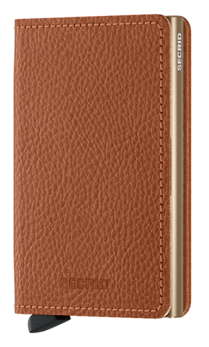 Angled front view of the tan slim wallet