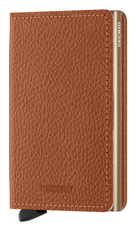 Angled front view of the tan slim wallet