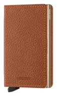 Angled front view of the tan slim wallet