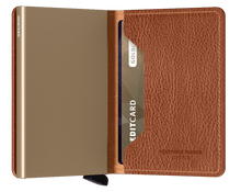 Load image into Gallery viewer, Interior view of the tan slim wallet. 
