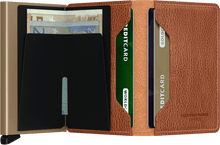 Load image into Gallery viewer, Interior view of the tan slim wallet. The aluminum card case features a money clip behind it. 
