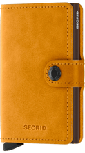 Load image into Gallery viewer, Angled front view of the ochre yellow mini wallet. 

