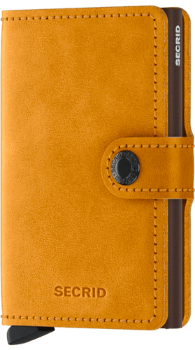 Angled front view of the ochre yellow mini wallet. 