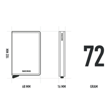 Load image into Gallery viewer, Graphic showing the dimensions of the Secrid Crisp Slim Wallet: height, 102 millimeters, width, 68 millimeters, depth, 16 millimeters. 

