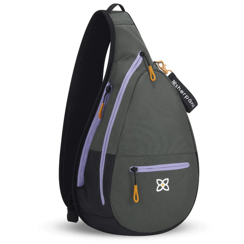 Angled front view of the sling bag on a white background. 