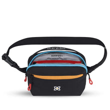 Load image into Gallery viewer, Front panel view of the hip pack with the main compartment unzipped. 
