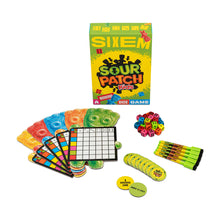 Load image into Gallery viewer, Six Em Sour Patch Kids game box with contents arranged on a white background. 
