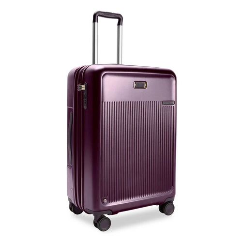 Front Angled View of the plum hard shell suitcase. It has a ridged front panel. The telescoping handle is extended.


