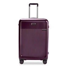 Load image into Gallery viewer, Front Panel View of the plum-colored suitcase with the telescoping handle extended. It features a 


