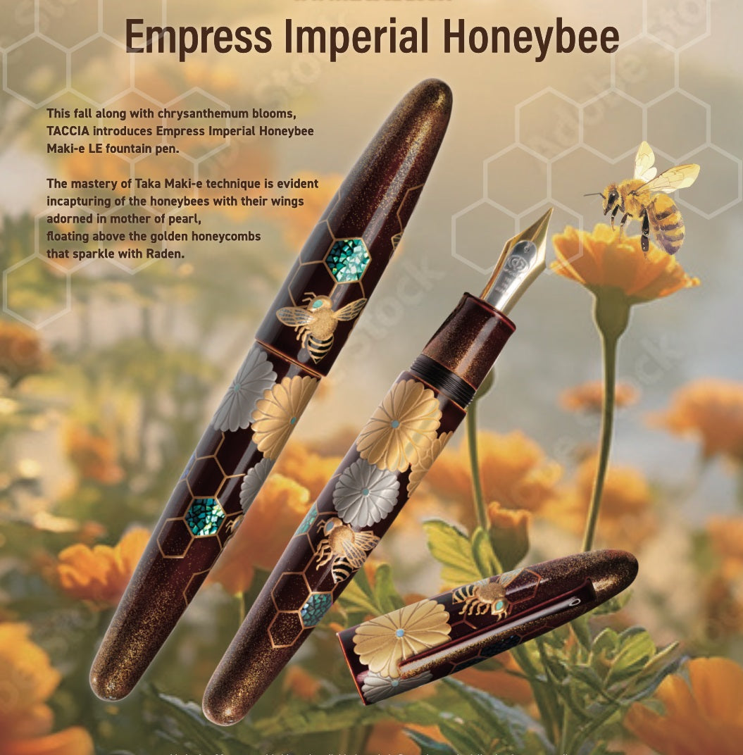 Empress Honeybee fountain pen with floral and bee design against a honeycomb and flower background with text.