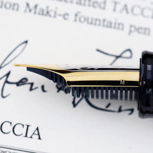 Load image into Gallery viewer, Close up to the side of the Fountain Pen nib. There is a letter M engraved, indicating it has a medium point.
