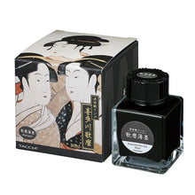 Load image into Gallery viewer, Taccia Utamaro Usuzumi ink bottle and packaging with Japanese woodblock print designs on a white background. The ink is a light black color.
