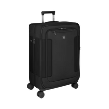Load image into Gallery viewer, Angled front panel view of the black suitcase. 
