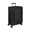 Angled front panel view of the black suitcase. 
