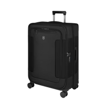 Load image into Gallery viewer, Angled front panel view of the black suitcase. 
