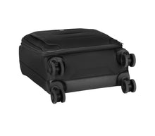 Load image into Gallery viewer, Angled view of the suitcase showing the four wheels. 
