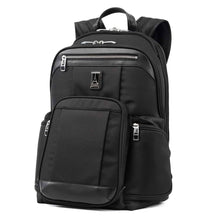 Load image into Gallery viewer, Angled front panel view of the black backpack. 
