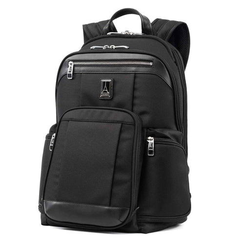 Angled front panel view of the black backpack. 