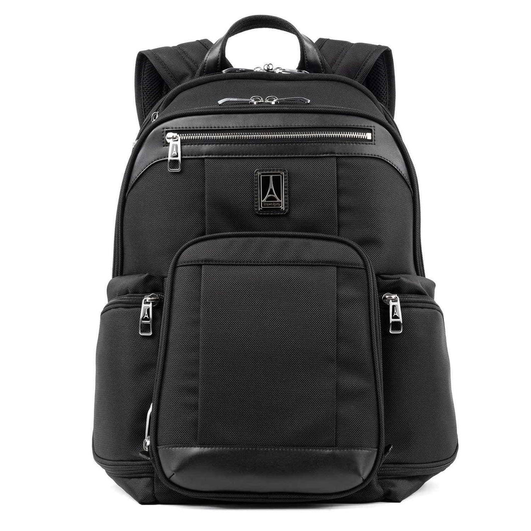 Front panel view of the black backpack. 