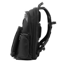 Load image into Gallery viewer, Side panel view of the black backpack. 
