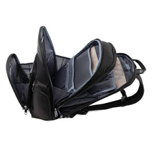 Load image into Gallery viewer, Angled side panel view of the backpack with the compartments unzipped. 
