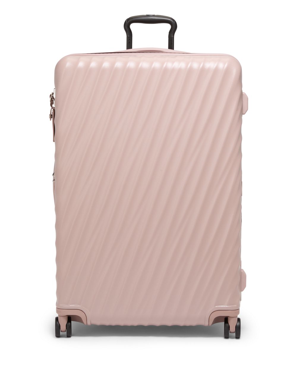 Front panel view of the light pink colored suitcase with black accents.   The front and back panels feature a sleek diagonal ridged texture.