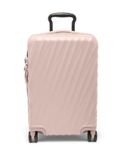 Load image into Gallery viewer, Front panel view of the mauve colored suitcase with black accents. It features a sleek design with diagonal ridges on the front and back panel.
