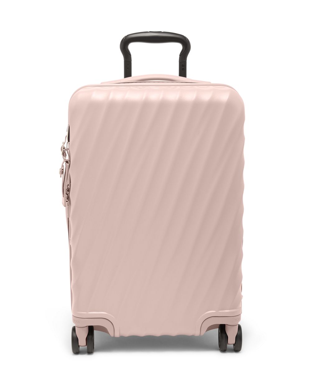 Front panel view of the mauve colored suitcase with black accents. It features a sleek design with diagonal ridges on the front and back panel.
