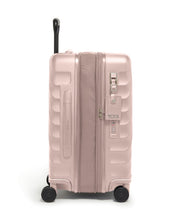 Load image into Gallery viewer, side panel view of the suitcase showing the expandable feature unzipped, a grab handle, a contact information tag, and a TSA approved three-digit combination lock. 
