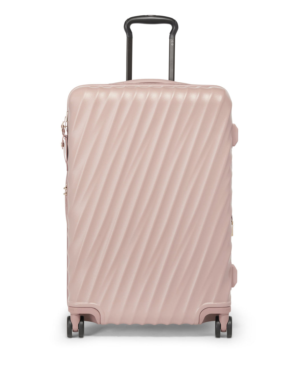 Front panel view of the mauve suitcase with black accents. It features a sleek design of diagonal ridges on the back and front panels. 