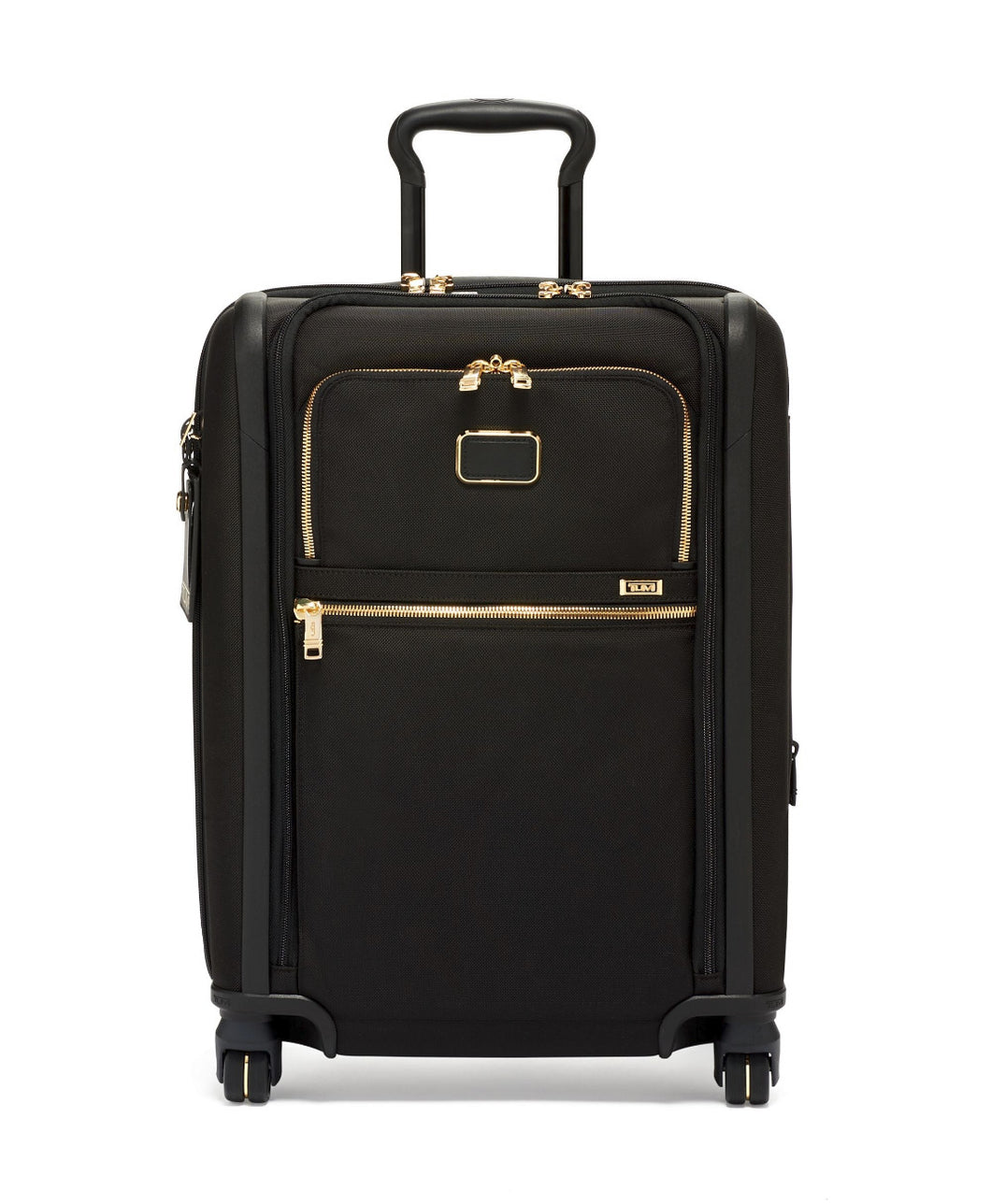 A black carry-on suitcase with golden accents, featuring a telescopic handle, four wheels, and front pockets.