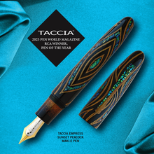 Load image into Gallery viewer, Graphic showing the Sunset Peacock Fountain Pen with the cap to the side on a blue background. It was the 2023 Pen World Magazine Pen of the Year.
