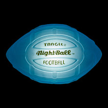 Load image into Gallery viewer, Front view of the lit up blue Nightball Football on a dark background. 
