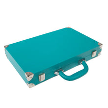 Load image into Gallery viewer, Angled front view of the teal mahjong case set.
