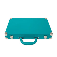 Load image into Gallery viewer, Angled front view of the teal mah jong case set.
