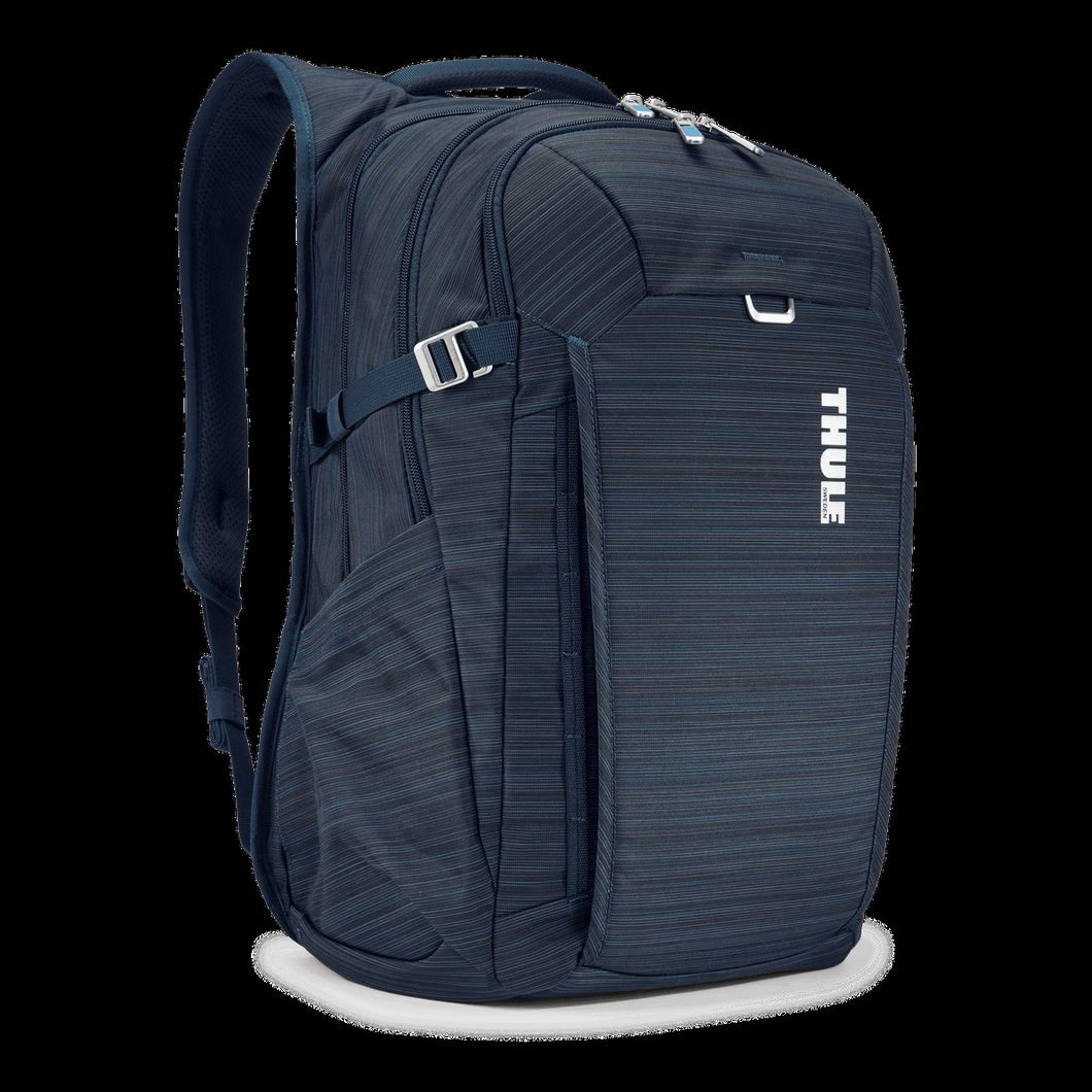 Angled front panel view of the blue backpack. 