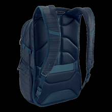 Load image into Gallery viewer, Angled back panel view of the blue backpack featuring the padded back panel and adjustable shoulder straps. 
