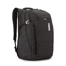 Load image into Gallery viewer, Angled front panel view of the black backpack on a white background. 
