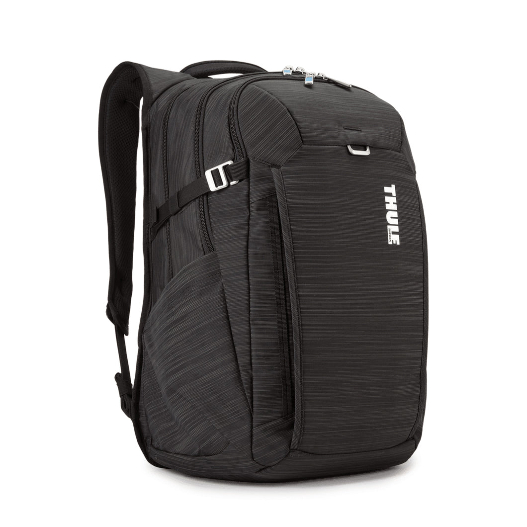 Angled front panel view of the black backpack on a white background. 