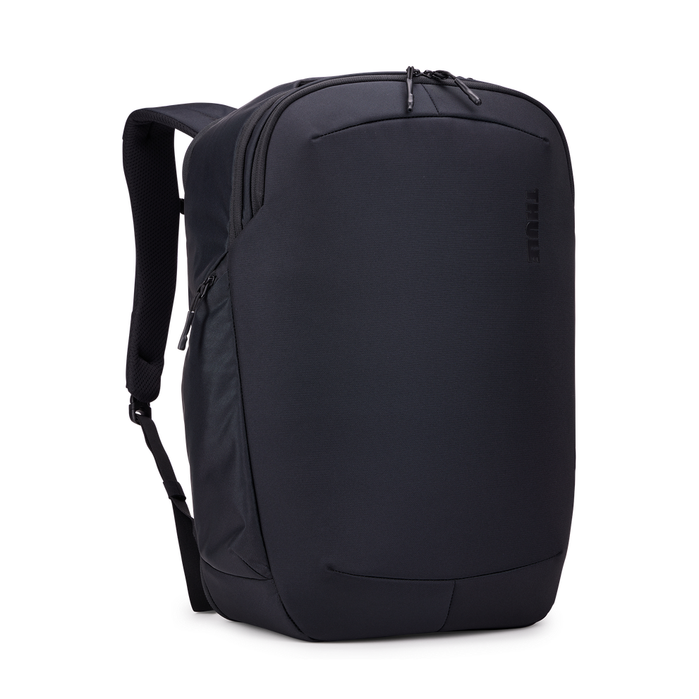Angled front panel view of the backpack. 