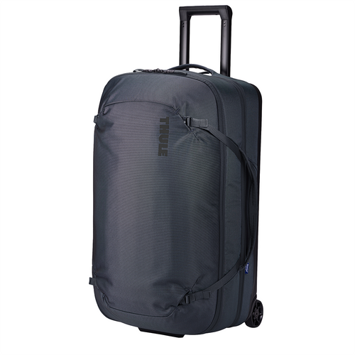 Angled front panel view of the Dark Slate wheeled duffle with the telescopic handle partly extended. 