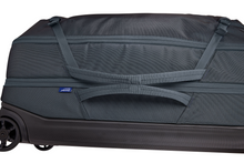 Load image into Gallery viewer, Close up to the side panel on the Dark Slate wheeled duffle. It features a grab handle. 

