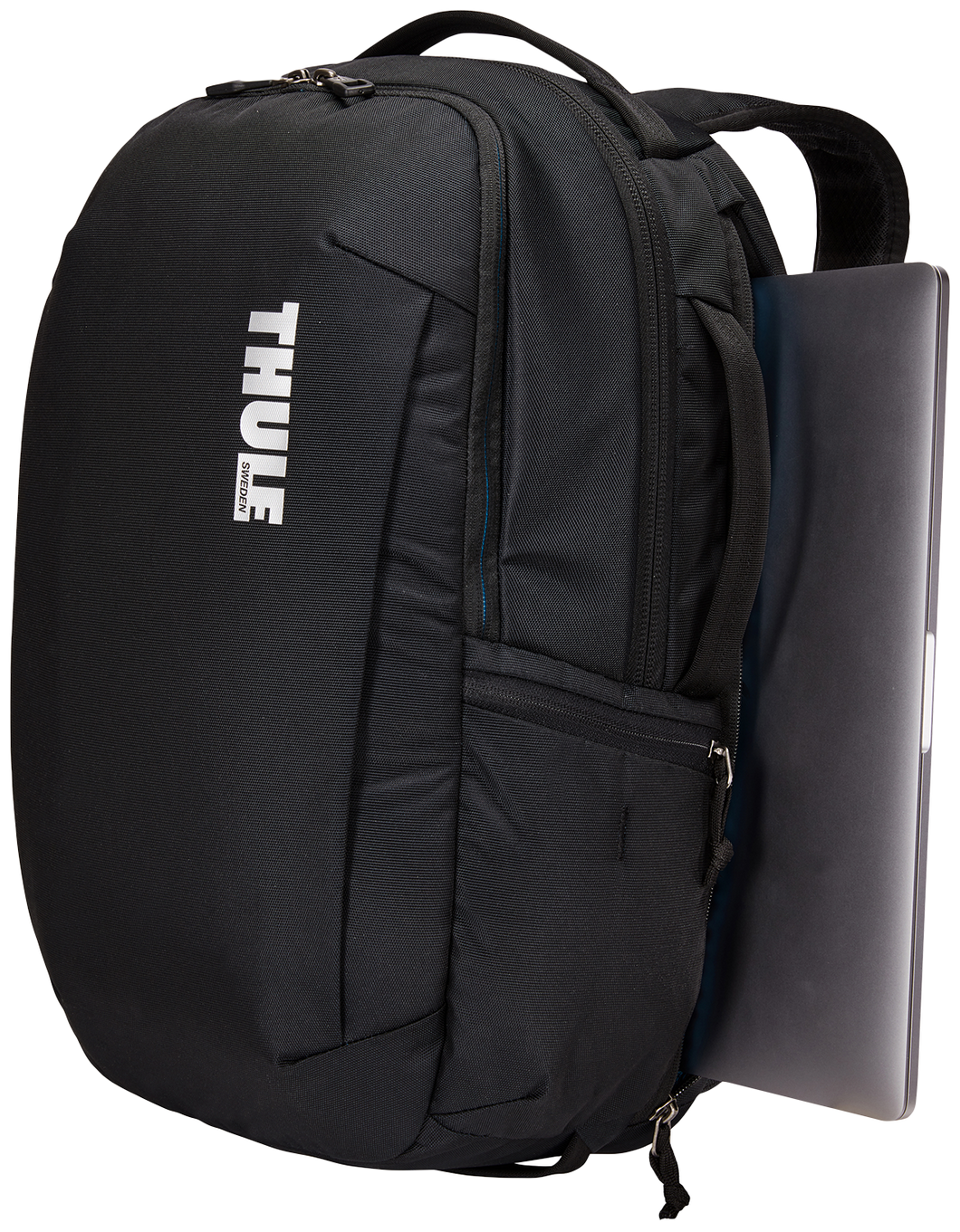 Angled front panel view of the black backpack with a laptop peeking from the side compartment. 