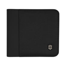 Load image into Gallery viewer, Front panel view of the Black bi-fold wallet. 
