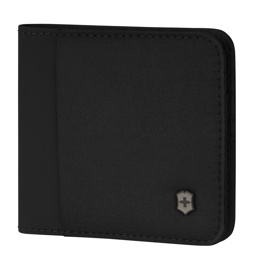Front angled view of the black bi-fold wallet. 