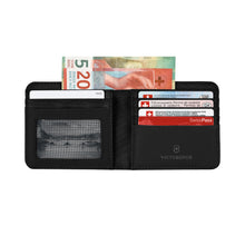 Load image into Gallery viewer, Interior view of the black bi-fold wallet. There are two card compartments on the left, four credit card compartments on the right, and a bill compartment. 

