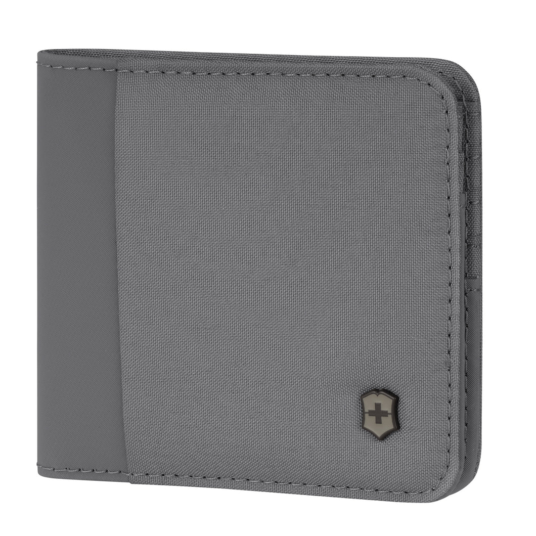 Angled front view of the Frost Grey bi-fold wallet. 