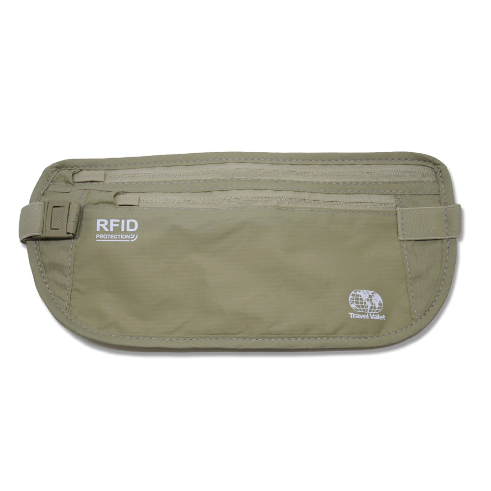 Front view of the tan RFID Waist Pack on a white background. Two zippered compartments are available.