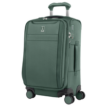 Load image into Gallery viewer, Angled front panel view of the green suitcase with the telescopic handle partly extended.
